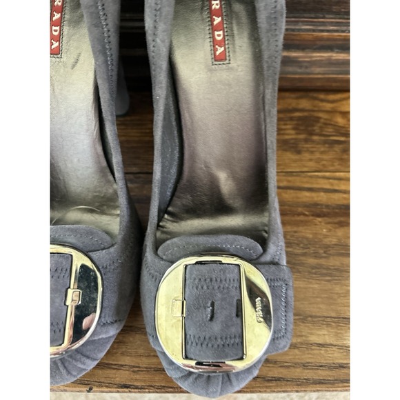 Prada Suede Block Heels Gray Buckle Detail Designer Shoes Size US 7 - Picture 3 of 9